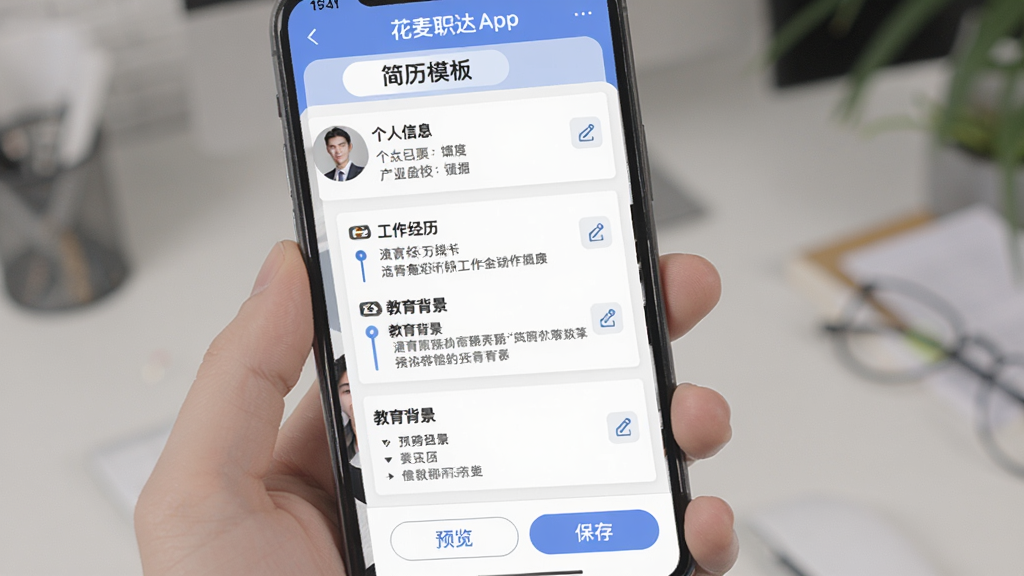 ����ְ��App�ļ����༭���棬�ֻ���Ļ��ʾһ�����ڱ༭�ļ������Ϸ��С�����ģ�塱ѡ����м��Ǹ�����Ϣ����������������������ģ�飬ÿ��ģ���б༭ͼ�꣬�ײ��С�Ԥ�����͡����桱��ť�����岼����������ɫ��ͣ����ʸɾ����޶���Ԫ��