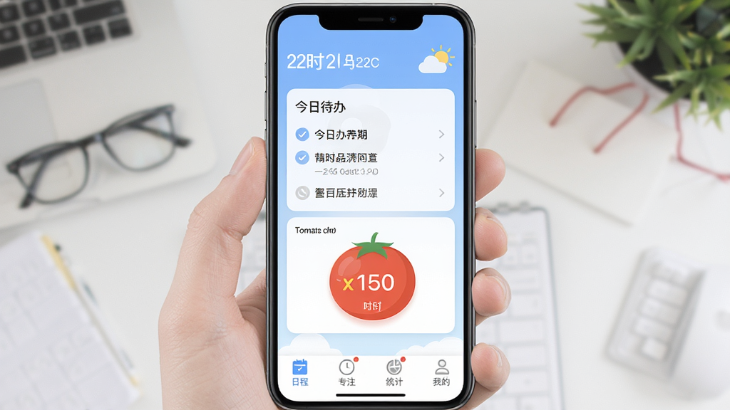 ��ʱApp������չʾ���ֻ���Ļ������ʾ���մ����б��ͷ����Ӽ�ʱ�������������ں��������ײ����������ճ̡�רע��ͳ�ơ��ҵ��ĸ�ͼ�꣬������ɫΪ��͵����׽��䣬����ɾ���ˬ����ƽ����ƣ��������������ʸɾ��޶���Ԫ��