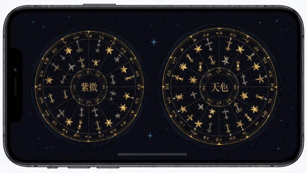 天纪排盘 紫微斗数排盘工具 主界面 星盘展示 手机屏幕 深色背景 金色星曜 科技感 干净 无多余元素