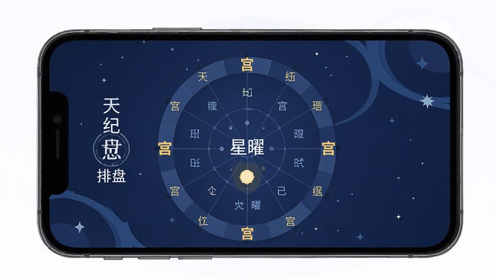 天纪排盘 星曜信息查询界面 手机屏幕 宫位布局 文字说明 深蓝配色 扁平化设计 清晰 无杂乱元素