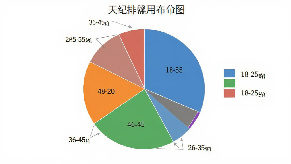 天纪排盘 用户年龄分布 饼状图 18-25岁 26-35岁 36-45岁 46-60岁 不同颜色区分 简洁数据可视化 清晰 无多余元素