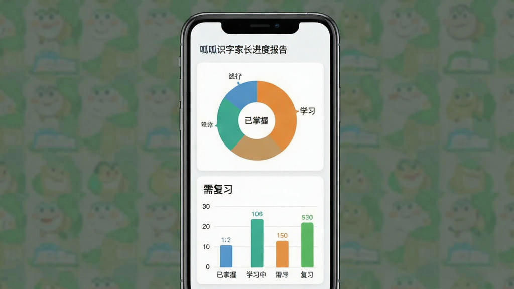 一张展示呱呱识字app家长进度报告页面的图片,画面主体是手机屏幕上显示饼状图和柱状图,图表中标注“已掌握”“学习中”“需复习”等文字,布局是竖版手机界面,排版上图表占据主要区域,风格是简洁现代的数据可视化风格,细节上颜色区分明显、数据清晰,画质干净利落,无多余元素