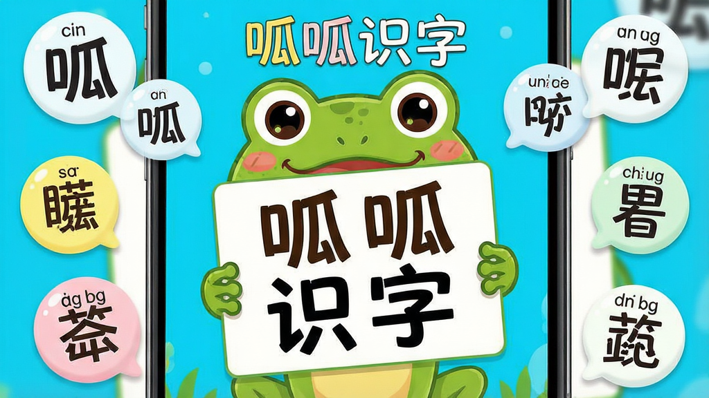 一张展示呱呱识字app核心界面的图片,画面中央是一个可爱的卡通青蛙举着识字卡片,卡片上写着“呱呱识字”四个大字,周围环绕着各种汉字和拼音气泡,布局是手机屏幕竖版展示,排版上软件名称突出,风格是明亮活泼的儿童插画风,细节上青蛙表情生动、汉字卡片色彩鲜艳,画质清晰干净,无多余元素