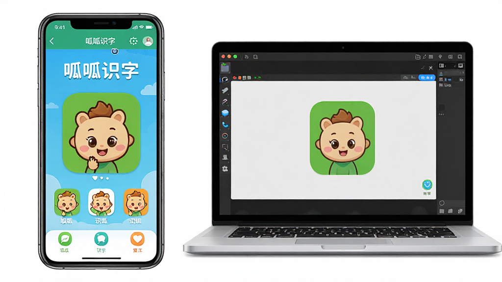 一张展示呱呱识字app在手机和电脑上同时使用的场景图,画面左侧是一部手机显示呱呱识字主界面,右侧是一台笔记本电脑打开模拟器运行呱呱识字,布局是左右并排对比,排版上手机和电脑屏幕内容清晰可见,风格是简洁的产品展示风,细节上界面元素完整、设备边框干净,画质明亮清晰,无多余元素