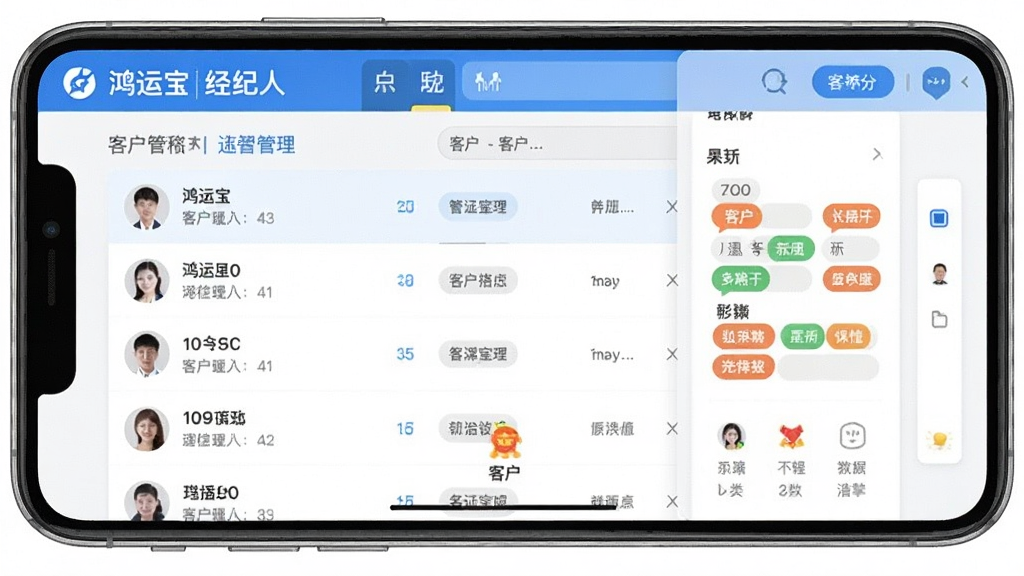 鸿运宝经纪人App客户管理界面截图,展示客户列表和标签分类,界面干净整洁,蓝白配色,画质清晰