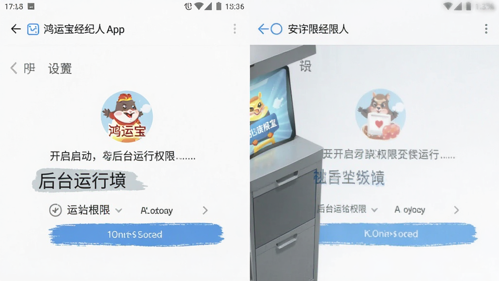 鸿运宝经纪人App在手机上的安装权限设置界面示意图,展示如何开启自启动和后台运行权限,界面为安卓系统设置页面,风格简洁清晰