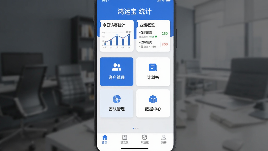 鸿运宝经纪人App主界面展示,顶部显示今日访客统计和业绩概览,中间是功能卡片式入口,包含客户管理、计划书、团队管理、数据中心等模块,底部为导航栏,整体采用蓝白配色,风格简洁商务,画质清晰干净无多余元素