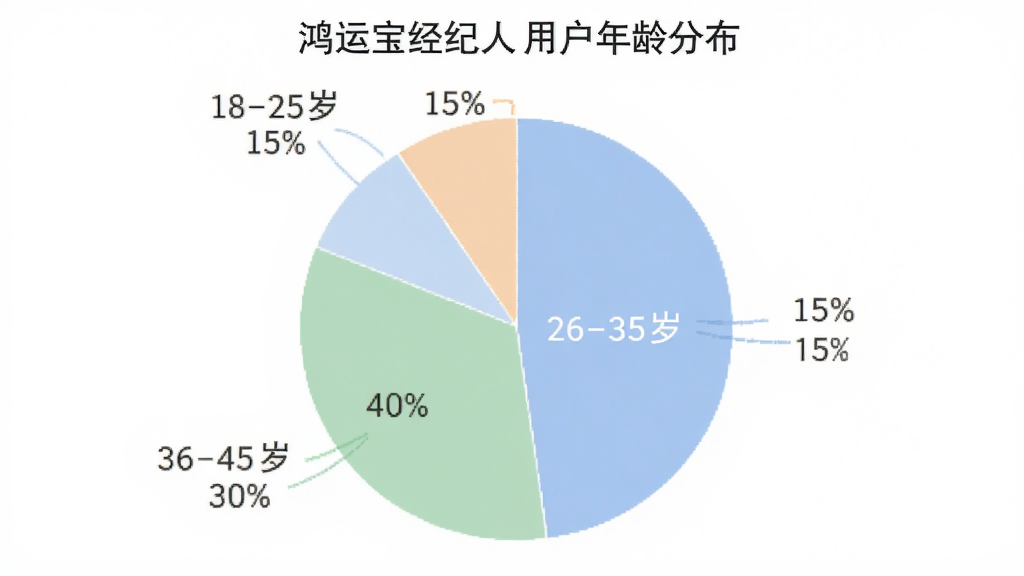 鸿运宝经纪人用户年龄分布饼状图,展示18-25岁占比15%,26-35岁占比40%,36-45岁占比30%,46-60岁占比15%,图表风格简洁现代,配色柔和