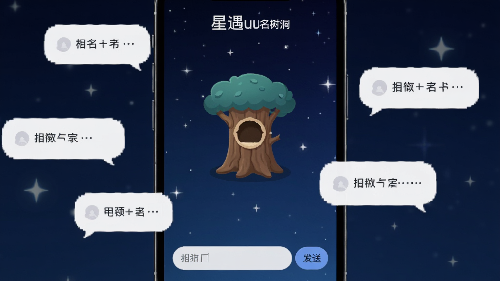 星遇uu匿名树洞界面,手机屏幕展示一个树洞形状的图标,周围漂浮着匿名消息气泡,背景是深蓝色夜空和星星,界面底部有输入框和发送按钮,风格神秘安静,画质干净无多余元素
