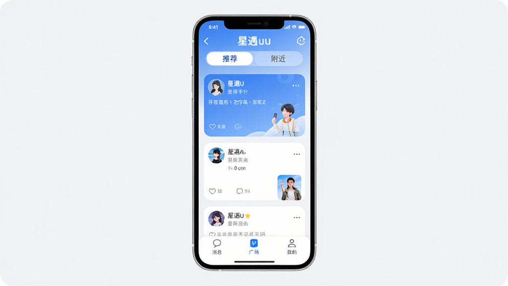 星遇uu应用主界面截图,画面中央是手机屏幕展示,屏幕内显示星遇uu的社交动态广场界面,顶部有推荐和附近选项卡,中间是用户头像和动态卡片,底部是消息、广场、我的三个导航按钮,整体风格清新简约,蓝白渐变色调,圆角设计,画质干净清晰,无多余元素