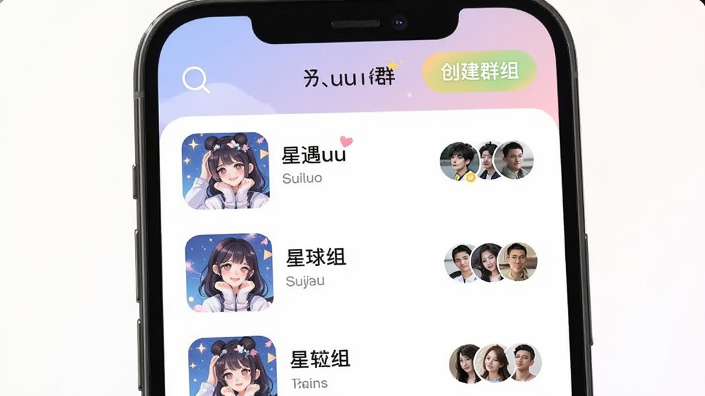 星遇uu兴趣群组界面,手机屏幕展示群组列表,每个群组有封面图、群名称和成员头像堆叠,顶部有搜索和创建群组按钮,界面风格活泼,色彩丰富但柔和,画质干净清晰