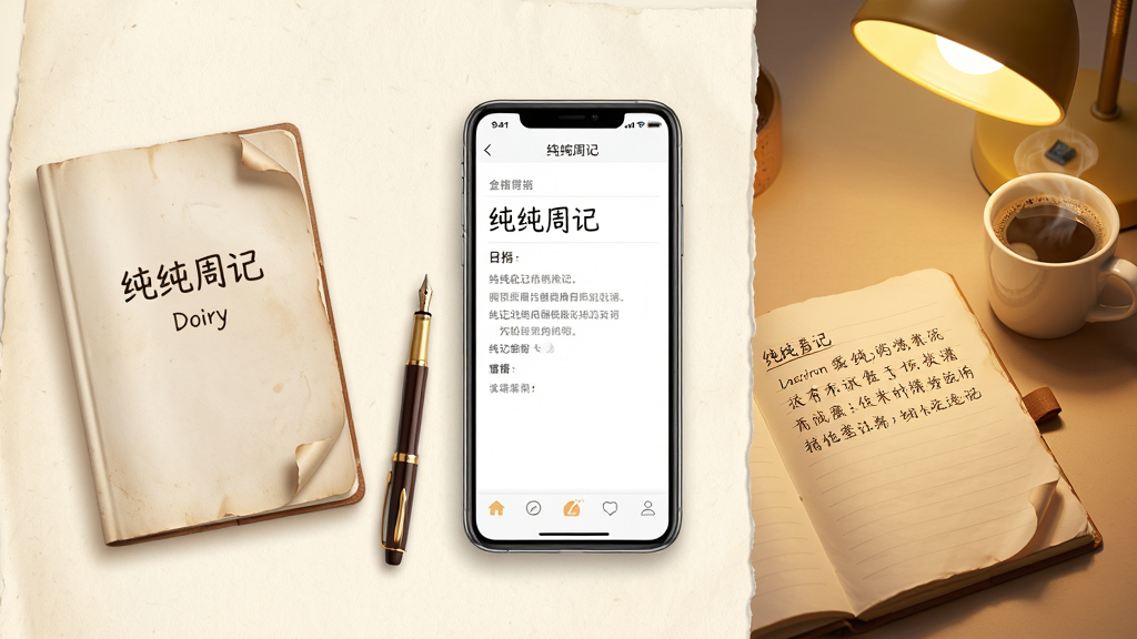 �����ܼ�Ӧ���������չʾ������������һ���ֻ�����Ļ����ʾ�����ܼǵ��ռǱ༭ҳ�棬��������͵��װ�ɫֽ���������Ա�ɢ����һ֧�ֱʺ�һ��ð�����Ŀ��ȣ����ֲ������ҷ�����������ռǱ����棬�Ҳ�����ҳ��д�����������ܰ������ϸ����ֽ�ű�Ե����΢���ǣ�������ů��ɫ̨�ƹ⣬���ʸɾ��������޶���Ԫ��