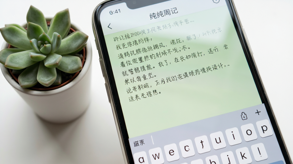 �����ܼǵ���д������д�������������ֻ���Ļ����Ļ����һƪ���ڱ༭���ռǣ������������룬�����ǻ��۵���ɫ���ֻ��Ա߷���һ��С����ֲ������Ǿ��й�ͼ�����������Ȼ��ϸ������Ļ����΢���⣬�����Ǽ�Լ��ɫ�����ʸɾ�����㣬�޶���Ԫ��