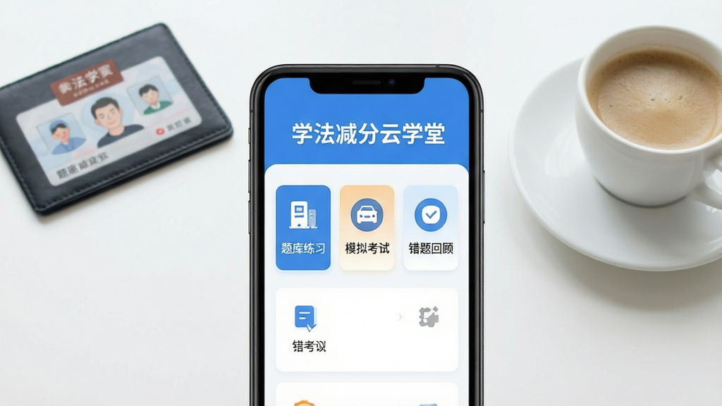 学法减分云学堂手机APP主界面展示,画面中央是一部智能手机,屏幕显示蓝白配色的驾考学习界面,顶部有“学法减分云学堂”文字标题,中间排列着题库练习、模拟考试、错题回顾等功能卡片图标,背景是干净的书桌场景,旁边放着一本驾驶证和一杯咖啡,整体风格现代扁平化,光线明亮柔和,画质清晰干净无多余元素