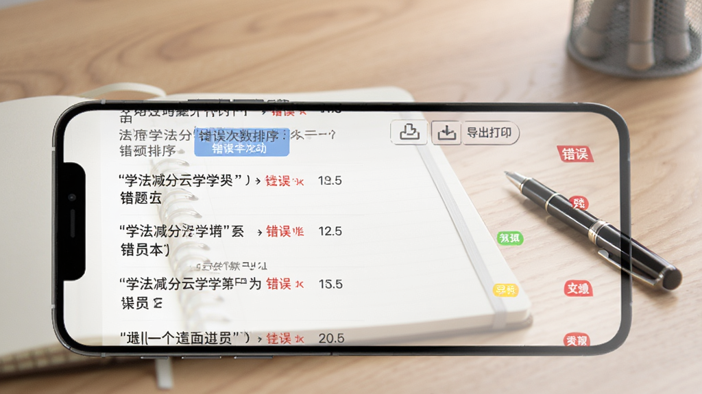 学法减分云学堂错题本界面,手机屏幕显示错题列表,每道题旁边有红色错误次数标记,顶部有“按错误次数排序”和“导出打印”按钮,背景是书房桌面,有笔记本和笔,整体风格整洁有序,画质干净无多余元素