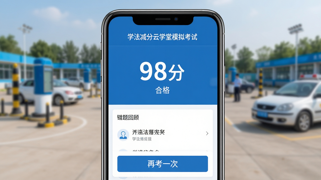 学法减分云学堂模拟考试结果页面,手机屏幕显示分数“98分”和“合格”字样,下方有错题回顾列表和“再考一次”按钮,背景是驾校训练场虚化场景,画面色彩以蓝色和白色为主,风格简洁专业,画质清晰锐利无多余元素