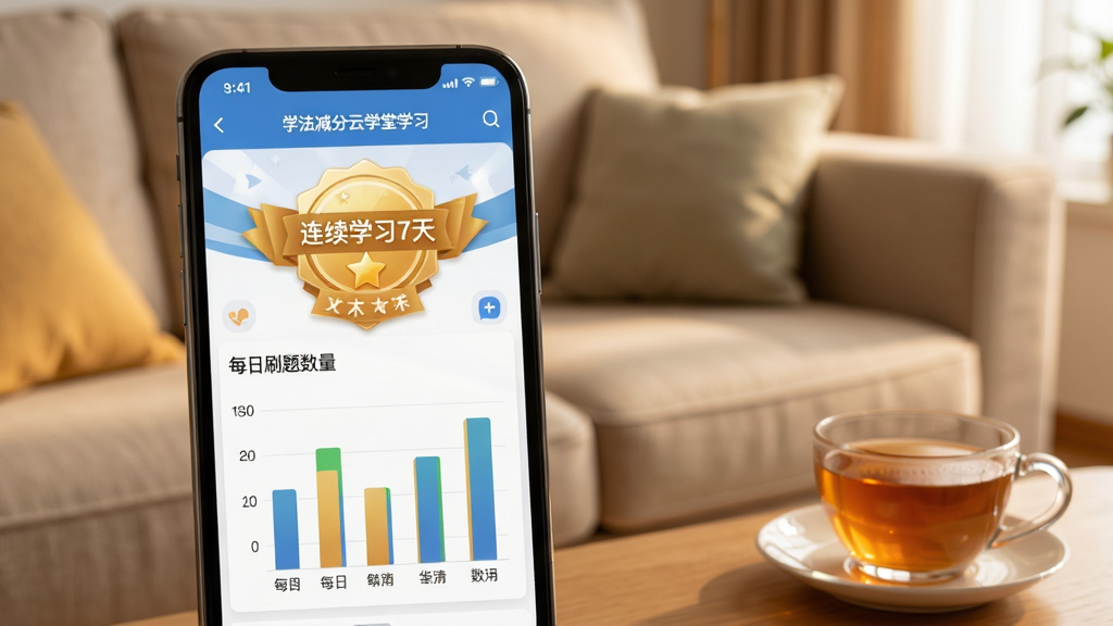 学法减分云学堂学习记录页面,手机屏幕显示“连续学习7天”的成就徽章和每日刷题数量柱状图,背景是温馨的客厅沙发场景,旁边有一杯茶,画面风格轻松生活化,画质清晰无多余元素