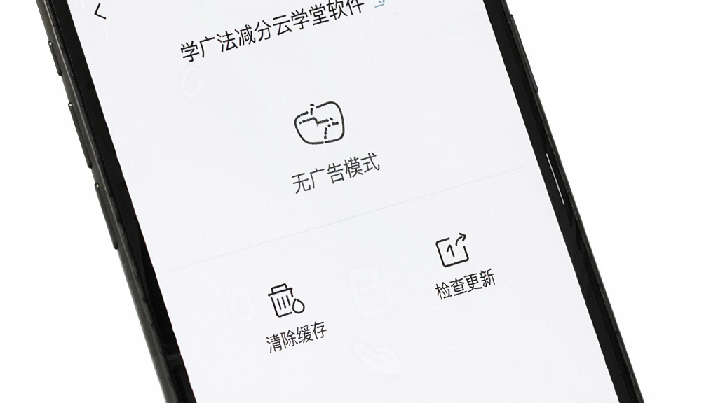 学法减分云学堂软件设置页面,手机屏幕显示“无广告模式”已开启,下方有“清除缓存”“检查更新”等选项,界面背景为纯白色,图标为简约线性风格,整体画面干净清爽,画质清晰无多余元素