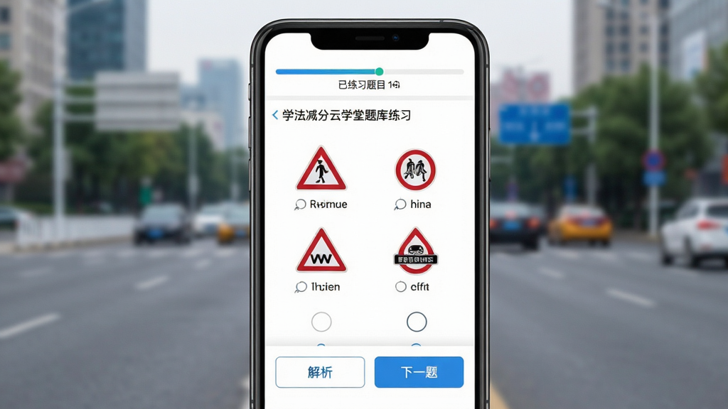学法减分云学堂题库练习界面特写,手机屏幕显示一道关于交通标志的选择题,下方有“解析”按钮和“下一题”按钮,屏幕上方有进度条显示已练习题目数量,背景是虚化的城市道路场景,画面风格简洁明快,重点突出手机屏幕内容,画质干净无多余元素