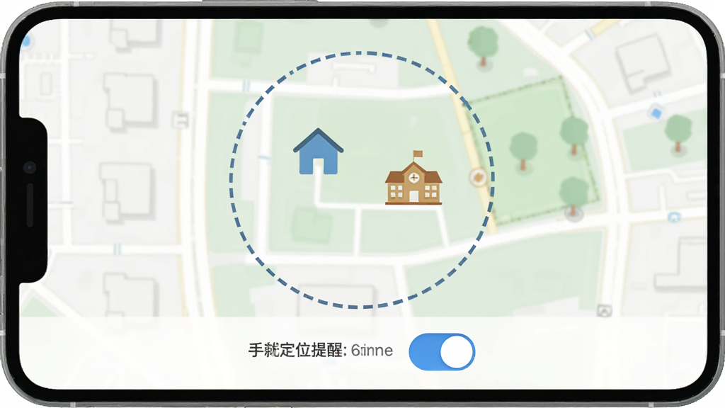 手机定位查找软件 电子围栏设置界面 地图上用虚线圆圈标注安全区域 围栏内有房子图标和学校图标 底部有提醒开关按钮 现代扁平设计风格 白色背景 干净简洁 画质清晰