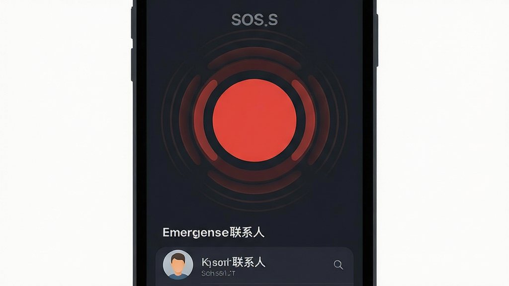 手机定位查找软件 SOS紧急求助界面 屏幕中央大红色圆形按钮 周围有波纹扩散效果 底部显示紧急联系人列表 现代扁平设计风格 深色背景 干净无多余元素 画质清晰