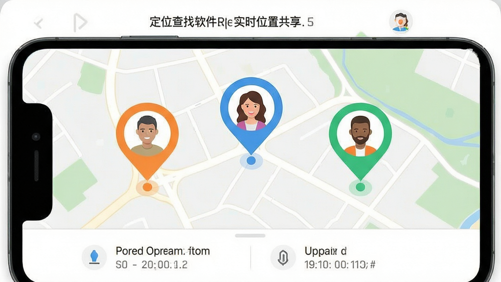 手机定位查找软件 实时位置共享界面 地图上显示三个家庭成员头像标记 橙色蓝色绿色定位点 底部显示距离和更新时间 现代扁平设计风格 白色背景 干净简洁 画质清晰