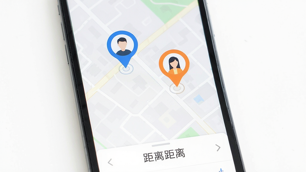 手机定位查找软件 手机屏幕显示简洁的定位界面 地图上显示两个用户头像位置标记 蓝色和橙色定位点 底部有距离显示 整体布局清晰 现代扁平化风格 白色背景 干净无多余元素 画质清晰