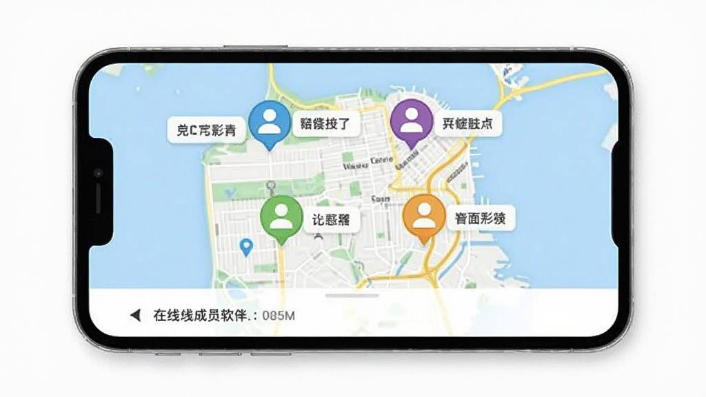 手机定位查找软件 多设备在线界面 地图上同时显示四个不同颜色用户头像标记 每个标记旁边有名字标签 底部显示在线成员列表 现代扁平设计风格 白色背景 干净简洁 画质清晰