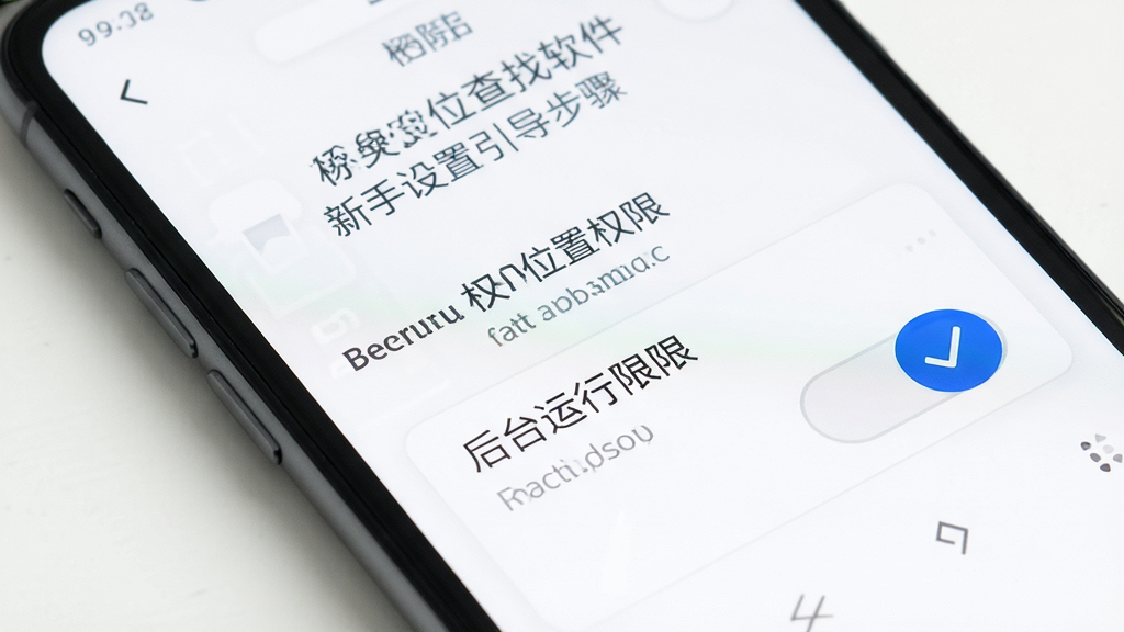 手机定位查找软件 新手设置引导界面 手机屏幕显示权限开启步骤 位置权限和后台运行权限开关 蓝色勾选标记 现代扁平设计风格 白色背景 干净简洁 画质清晰