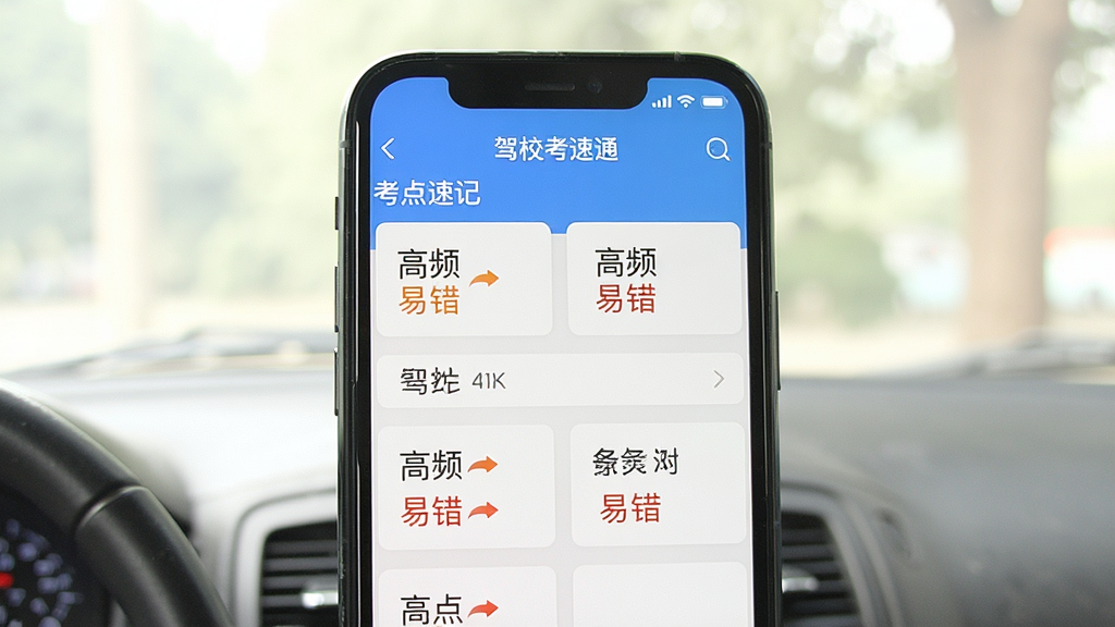 一张展示“驾校考点速通”应用内“考点速记”功能界面的图片,画面主体是一部手机,屏幕显示分类清晰的考点列表,每个考点卡片上有“高频”、“易错”的彩色小标签,背景是柔和的自然光,风格为清爽的教育类App界面,布局规整,画质干净,无多余元素