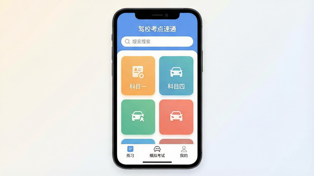 一张展示“驾校考点速通”手机应用主界面的图片,画面中央是手机屏幕,屏幕内显示应用首页,顶部有搜索框,中间是“科目一”、“科目四”等分类卡片,底部是“练习”、“模拟考试”、“我的”导航栏,背景是简洁的浅色渐变,风格为现代扁平化设计,细节圆润,画质干净清晰,无多余元素