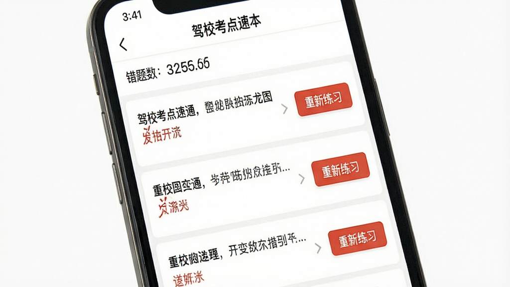 一张展示“驾校考点速通”应用内错题本界面的图片,手机屏幕显示错题列表,每道题旁边有红色标记和“重新练习”按钮,顶部有错题数量统计,背景为纯白色,风格为简洁的工具类App界面,细节清晰,画质干净,无多余元素