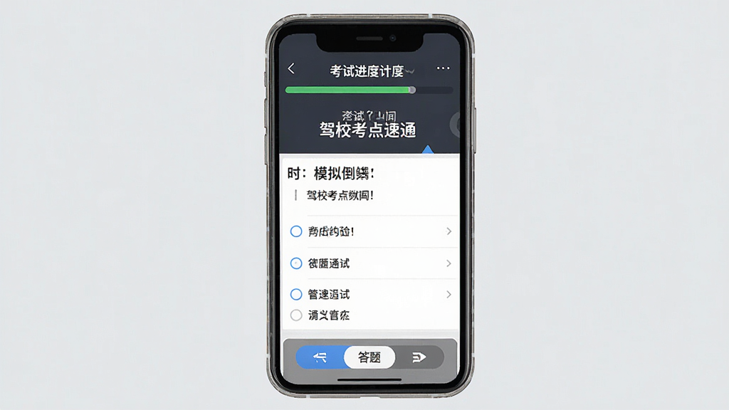 一张展示“驾校考点速通”应用内模拟考试界面的图片,手机屏幕显示考试倒计时、题目和选项,顶部有考试进度条,底部是答题卡切换按钮,背景为淡灰色,风格为严肃的考试界面设计,画质清晰,无多余元素