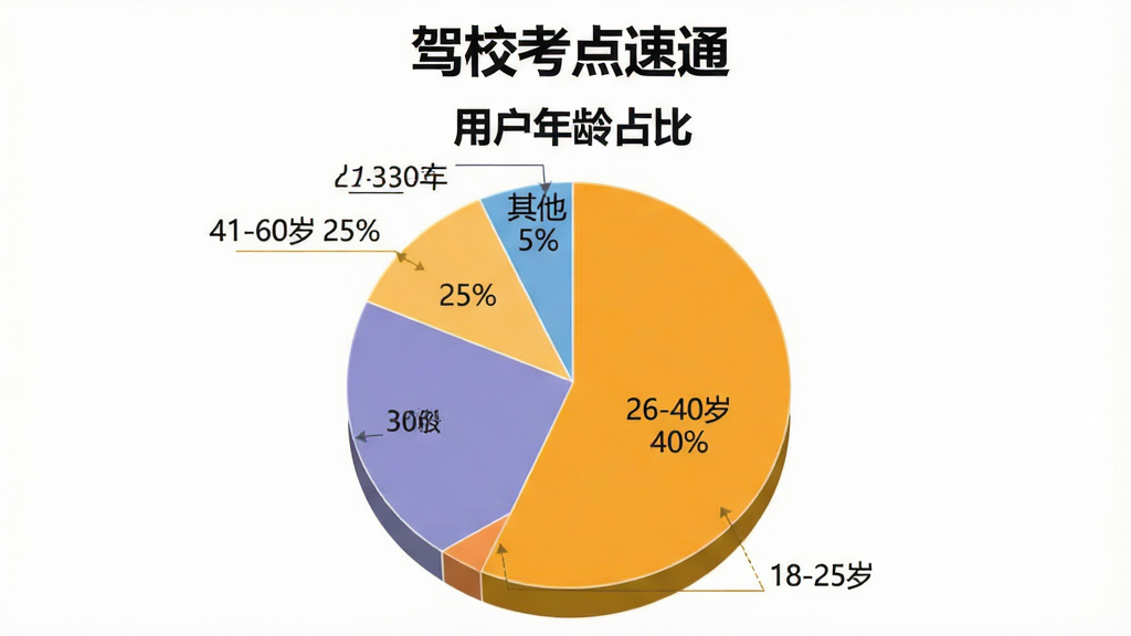 一张展示“驾校考点速通”用户年龄分布的饼状图,图表标题为“用户年龄占比”,饼图分为四个部分:18-25岁占30%,26-40岁占40%,41-60岁占25%,其他占5%,背景为白色,风格为简洁的数据图表,画质清晰,无多余元素