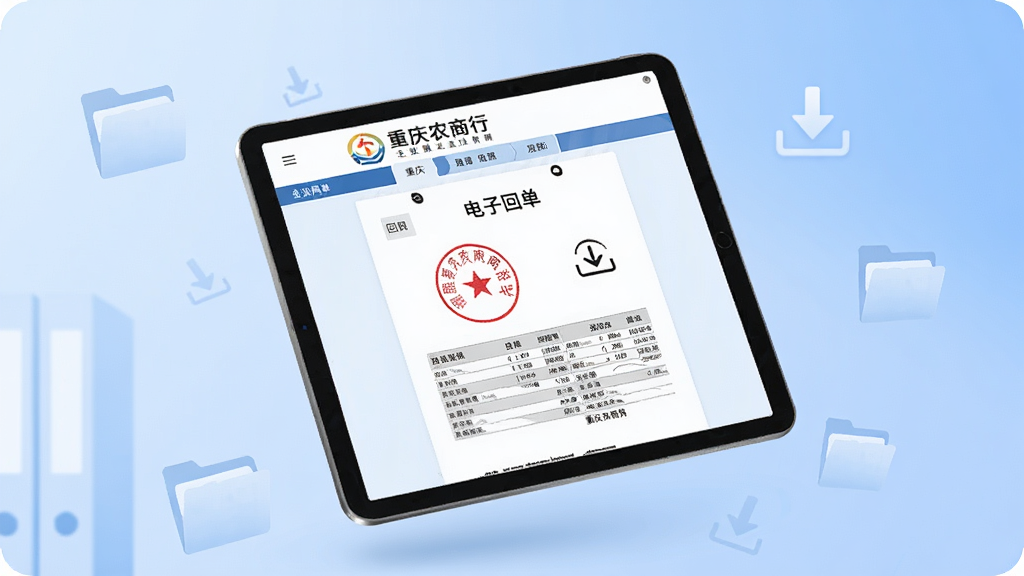 一张简约风格的配图,画面中悬浮着一个平板电脑,平板屏幕上展示着重庆农商行企业网银的电子回单页面,回单上有红色的电子印章和表格数据,背景是柔和的渐变蓝色,画面四周有淡淡的文件夹和下载箭头图标点缀,整体干净利落