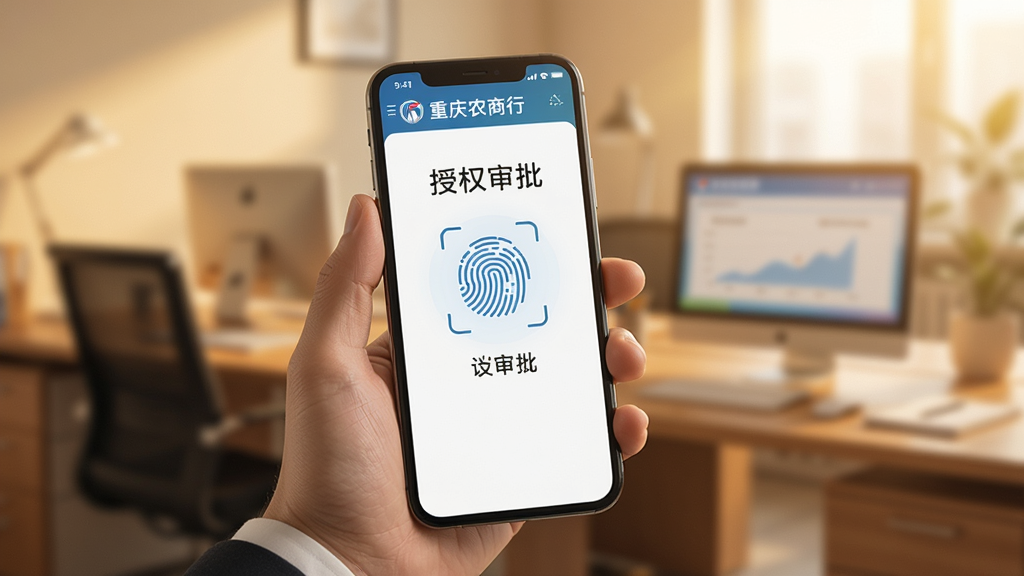 一张商务风格的配图,画面中一只手拿着手机,手机屏幕显示重庆农商行企业网银的授权审批界面,界面中间有一个醒目的指纹或人脸识别图标,背景是模糊的办公室场景,色调偏暖,突出安全感和便捷性,画面干净整洁