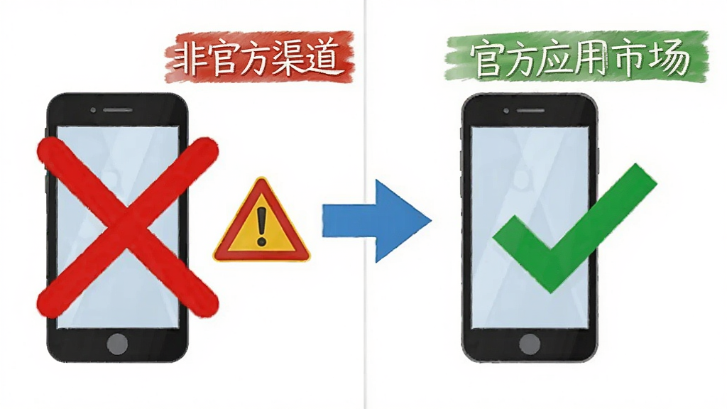 一张信息图表风格的图片,画面分为左右两部分,左边是手机图标旁边打着红色的叉号,写着“非官方渠道”并配有一个警告三角,右边是手机图标旁边打着绿色的对勾,写着“官方应用市场”,背景是干净的白色,用蓝色箭头引导视线,整体排版清晰易懂