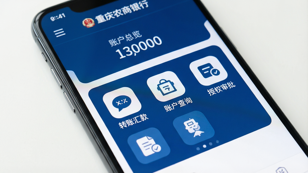 一张手机屏幕特写,屏幕上显示重庆农商行企业网银App的首页界面,整体风格是稳重的深蓝色和白色搭配,顶部有企业账户总览余额,中间区域排列着转账汇款、账户查询、授权审批等常用功能图标,图标设计是扁平化圆角风格,背景干净明亮,光线柔和,画面清晰无杂乱元素