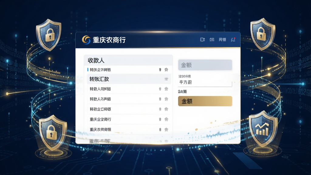 一张科技感风格的图片,画面中央是重庆农商行企业网银的转账汇款页面截图样式,屏幕上显示着收款人列表和金额输入框,周围环绕着数据流和盾牌的安全图标,主色调是深蓝色和金色,整体视觉传达出资金流转的顺畅与安全,画质细腻无杂质