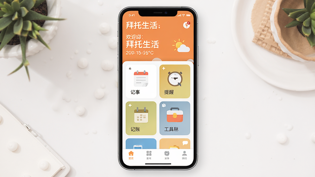 ��������App������ȫòչʾ������������һ�������ֻ�����Ļ��ʾ��������Ӧ����ҳ�������л�ӭ�������������Ϣ���в��ǹ��ܿ�Ƭʽ���ְ������¡����ѡ����ˡ�������ͼ�꣬�ײ�����������������ɫ����ů���£���ƽ����Ʒ��ϸ�ھ��£����ʸɾ��޶���Ԫ��