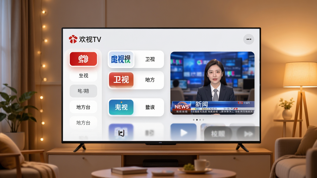 软件欢视TV核心功能全貌展示图,画面中央是客厅大屏电视,屏幕上显示欢视TV的频道列表和播放界面,左侧是分类导航栏包含央视、卫视、地方台等,右侧是正在播放的新闻画面,整体布局清晰,风格现代简洁,细节圆润,画质干净无多余元素,背景是温馨的家居环境,暖色调灯光,1080P高清画质