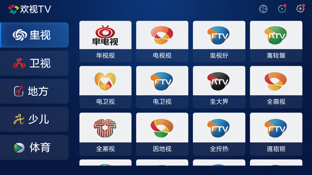 欢视TV海量频道覆盖功能展示图,画面中欢视TV软件界面占据主体,左侧竖排显示央视、卫视、地方、少儿、体育等分类标签,右侧网格状排列着各个频道的台标和名称,界面以深蓝色为主色调,文字清晰,布局规整,风格简洁现代,画质干净无多余元素