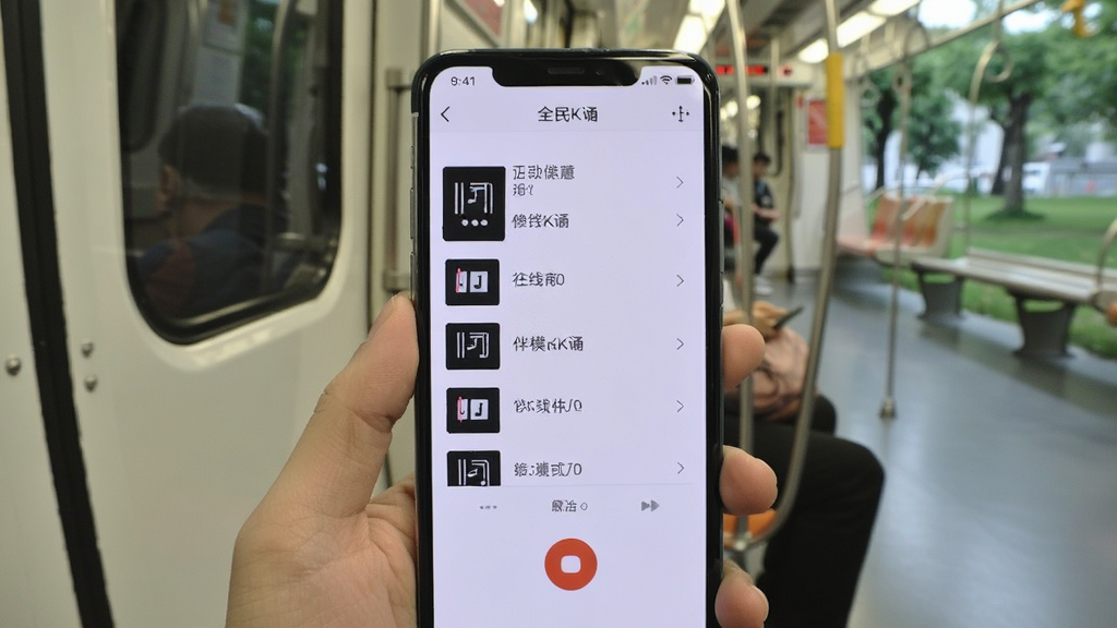画面展示一部手机在无网络环境下显示离线模式,屏幕上有已下载的伴奏列表和录音按钮,背景是地铁车厢或公园长椅,整体排版简洁,风格生活化,画质干净无多余元素,画面中带有全民K诵字样