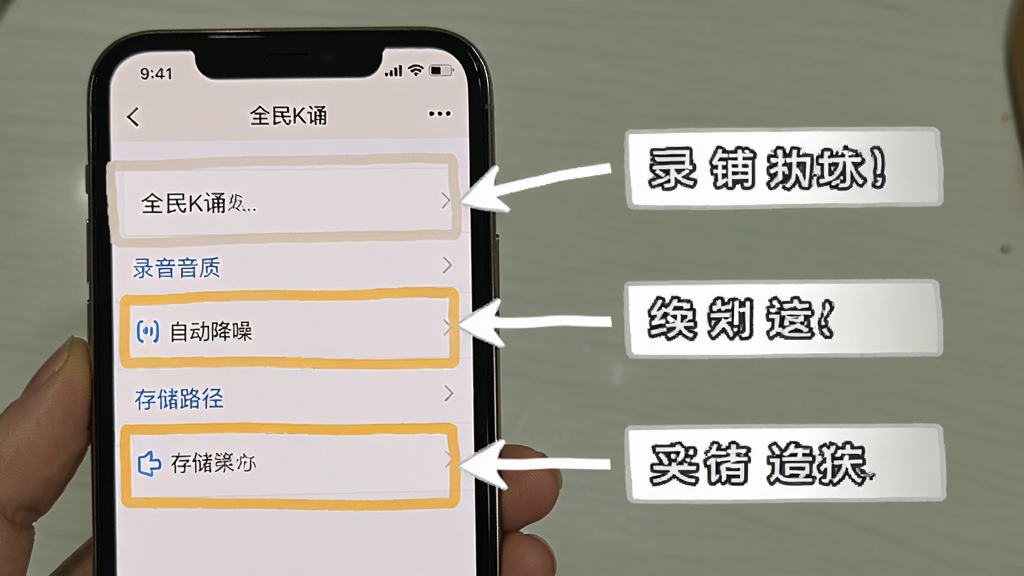 画面展示一部手机屏幕上显示全民K诵的设置界面,其中录音音质、自动降噪、存储路径等选项被高亮标注,旁边有箭头指向对应说明文字,整体排版清晰,风格教程图解,画质干净无多余元素,画面中带有全民K诵字样