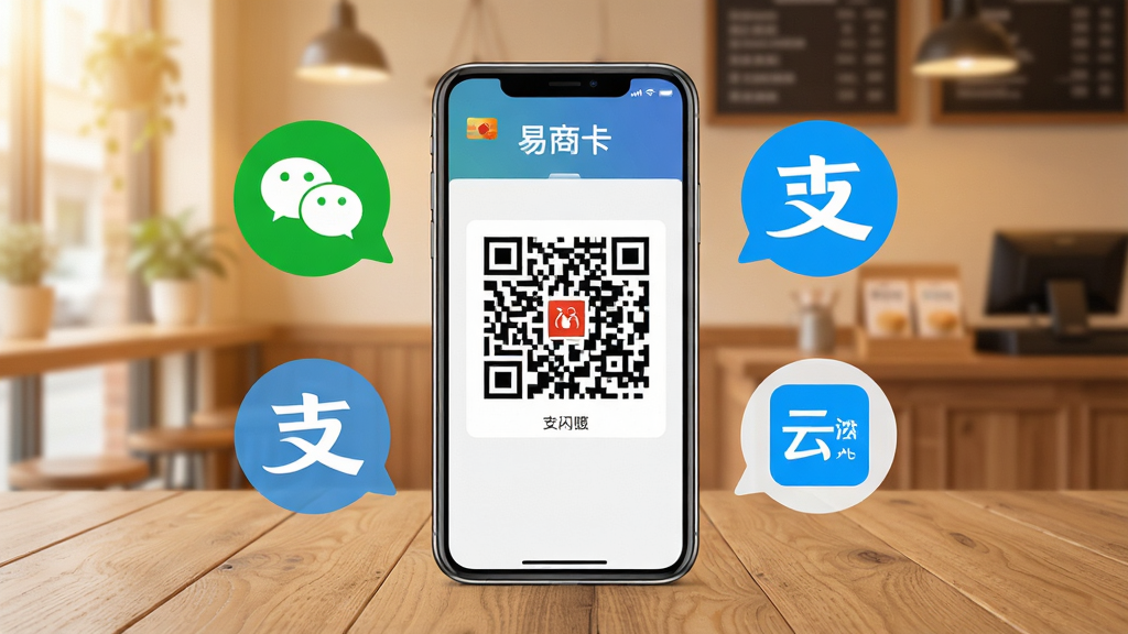 һ��չʾ�����̿�����ƽ̨�տ�ۺϹ��ܵ�ͼƬ��������һ���ֻ�����ľ�������ϣ���Ļ��ʾһ���ۺ��տ��ά�룬��Χ������΢�š�֧�������������ȳ���֧����ʽ��ͼ�꣬ͼ����������ʽΧ���ֻ�����������ܰ�ĵ��̻�����������±�ƽ��ϸ�����������ʸɾ����޶���Ԫ��