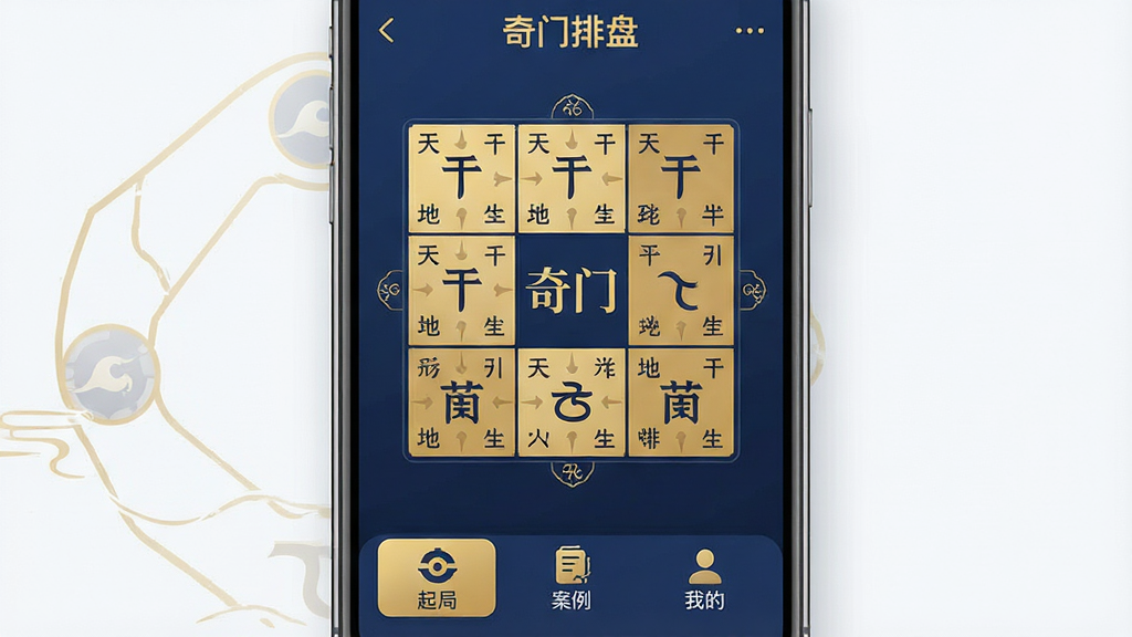 一张手机屏幕特写,画面中央显示“奇门”App的主界面,界面以深蓝与金色为主色调,顶部有“奇门排盘”字样,中间是一个九宫格排盘图,格子里有天干地支符号,下方有“起局”“案例”“我的”三个图标按钮,背景干净,风格现代扁平,细节清晰,画质干净,无多余元素