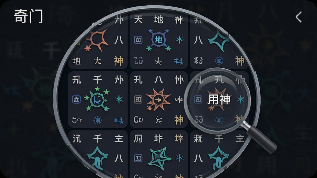 一张手机界面截图风格,画面中“奇门”App的九宫格排盘图被放大展示,每个格子内有天干地支和九星八门图标,旁边有放大镜图标指向“用神”标注,背景为深色,界面元素清晰,风格简洁科技感,画质干净,无多余元素
