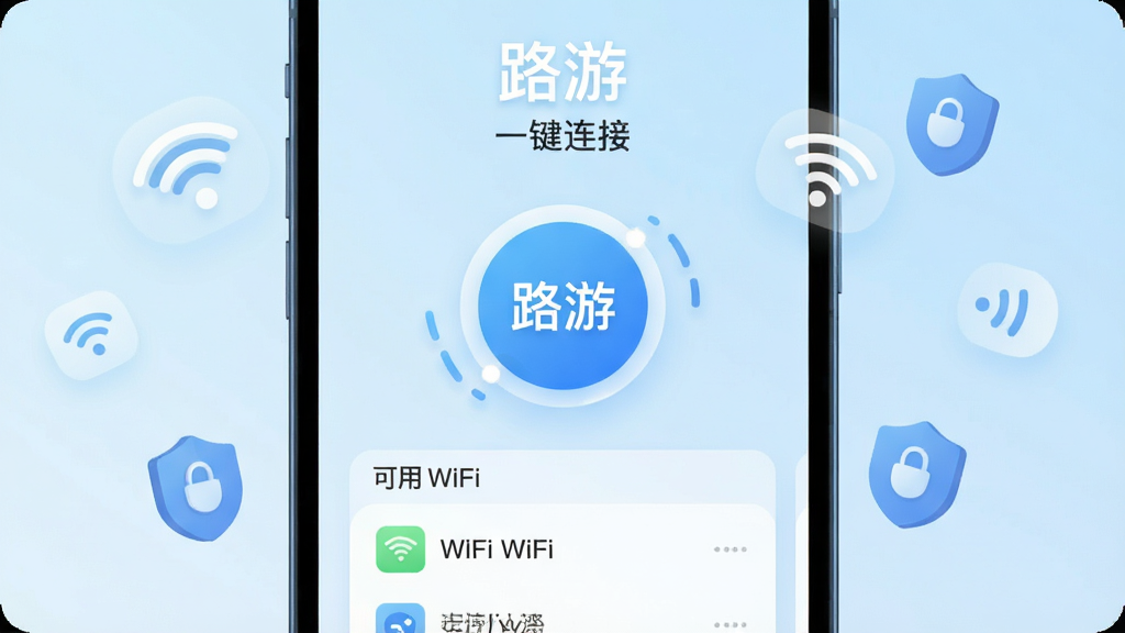 ����������һ�������ֻ�����Ļ��ʾ��·��APP����ˬ�����棬����������һ����Ŀ��Բ�����Ӱ�ť����ť�·������ſ���WiFi�б��������ǵ���ɫ���䣬��ΧƯ���ż�����Լ��WiFi�ź�ͼ��Ͷ��ư�ȫͼ�꣬���岼�ּ�����ˣ�����ִ���ƽ����ϸ��Բ�󣬻��������ɾ����޶���Ԫ�أ�ͼƬ��������ʾ��·�Ρ��͡�һ�����ӡ���