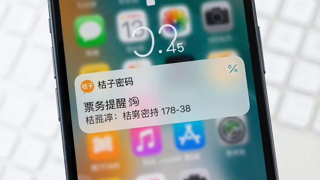 一张展示桔子密码消息提醒功能的图片,手机锁屏界面弹出通知卡片,显示