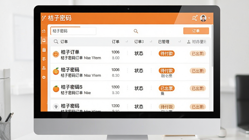 一张展示桔子密码订单管理界面的图片,屏幕上显示订单列表,每笔订单标注了状态标签如